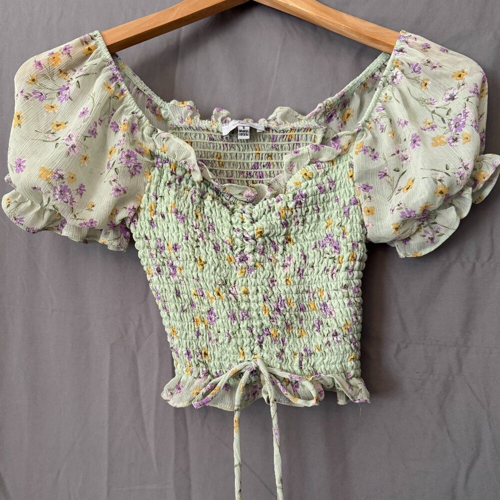 Blashe Floral Smocked Crop Top Puff Sleeve Tie Front Blouse Size S
